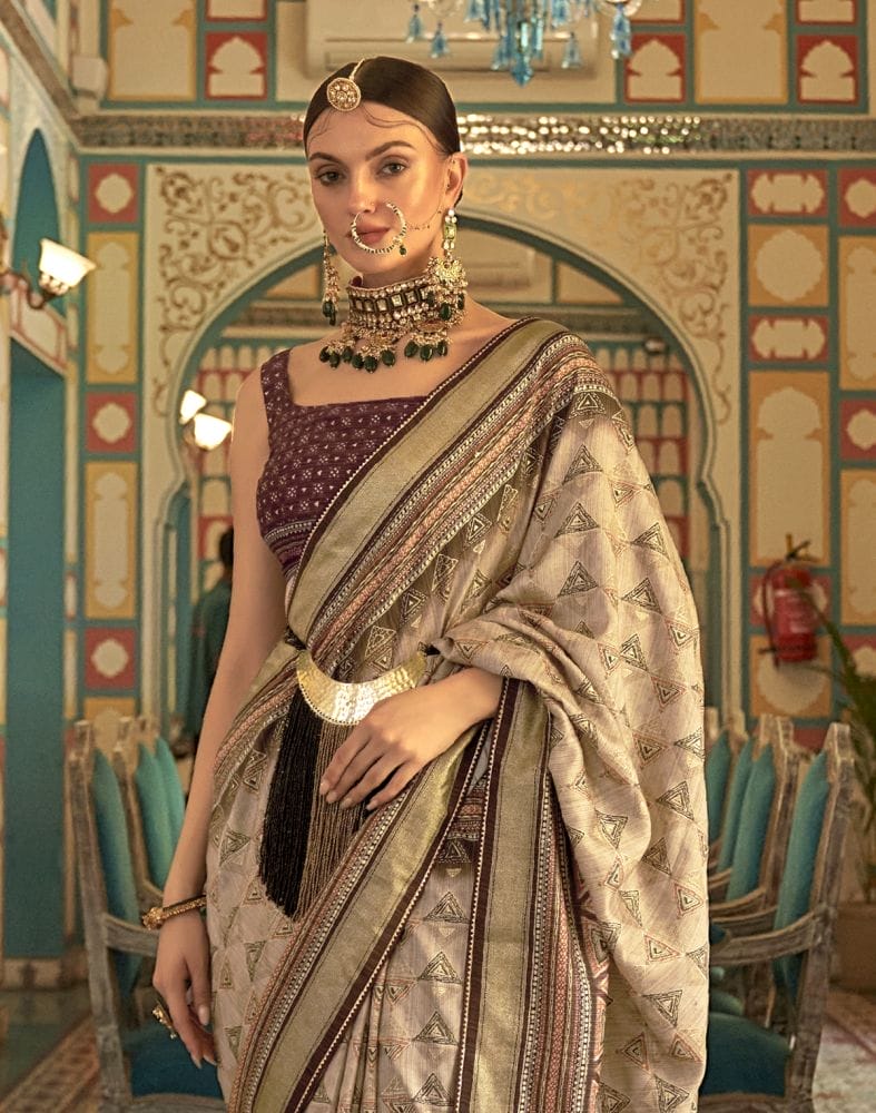 Collection of Beige Geometric Print Banaras Silk Patola Fabric Saree in a gallery layout