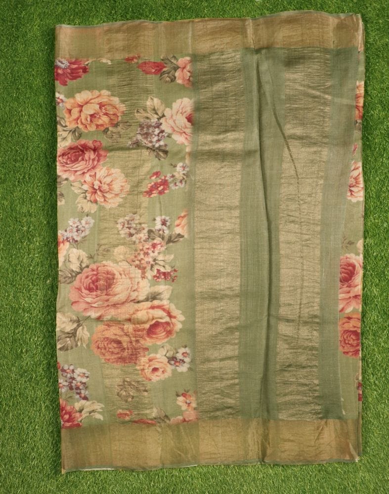 Collection of Mehendi Green Floral Printed Jute Saree in a gallery layout