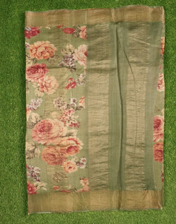 Collection of Mehendi Green Floral Printed Jute Saree in a gallery layout