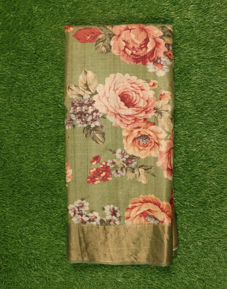 Collection of Mehendi Green Floral Printed Jute Saree in a gallery layout