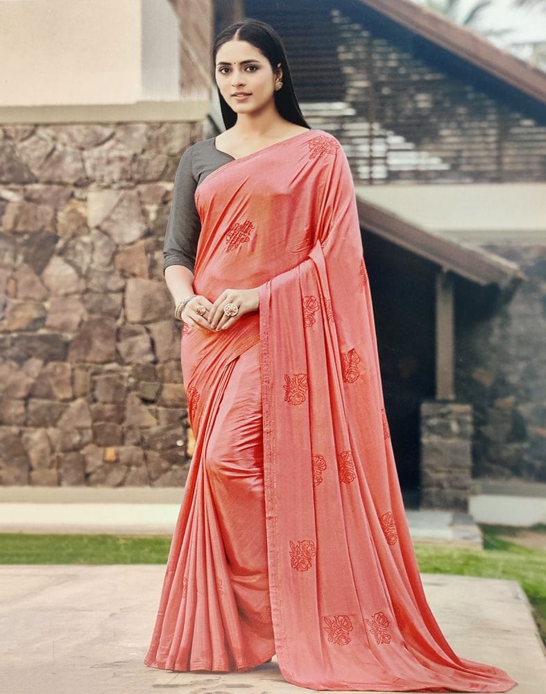 Peach Plain Satin Stones Work Saree