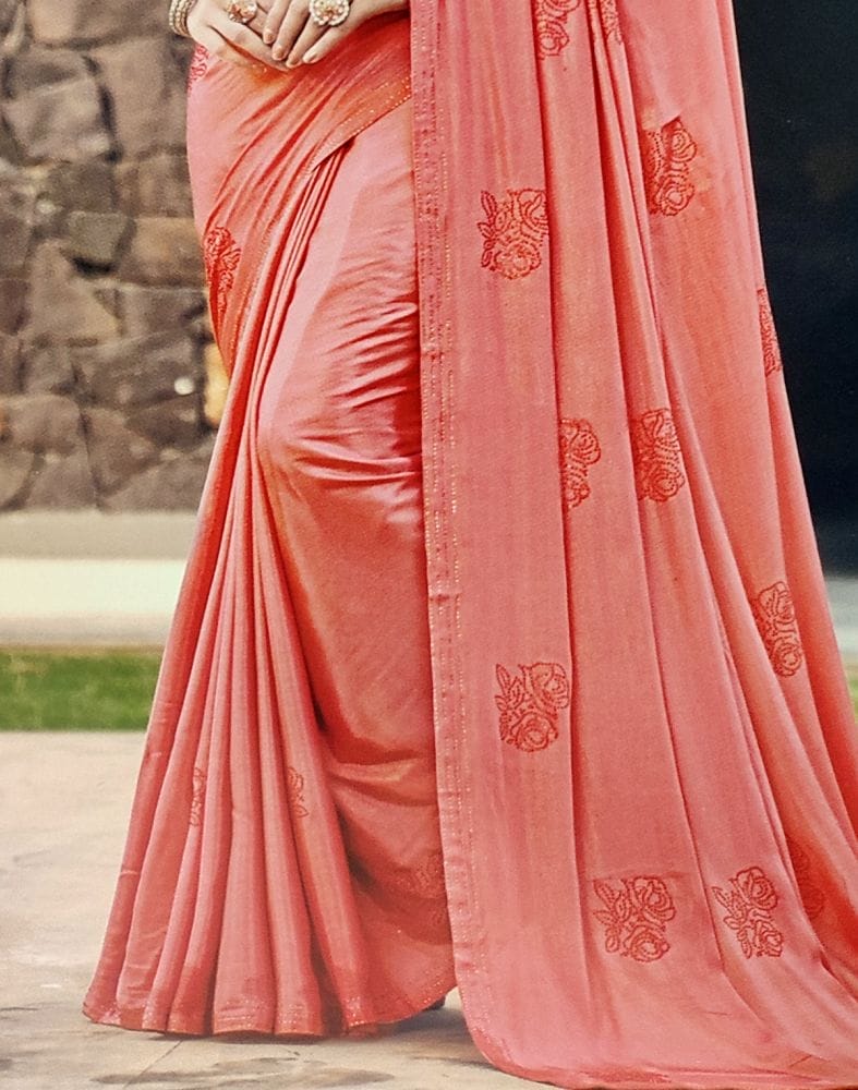 Collection of Peach Plain Satin Stones Work Saree in a gallery layout