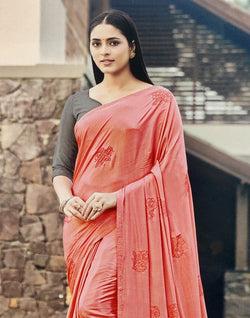 Collection of Peach Plain Satin Stones Work Saree in a gallery layout