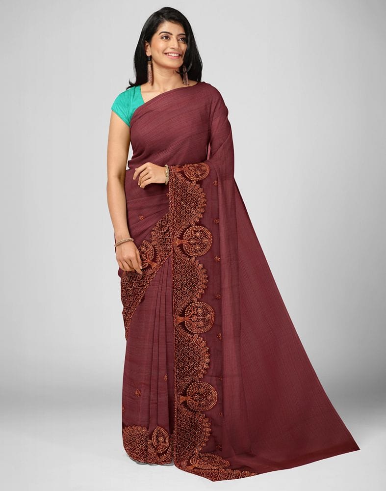 Maroon Floral Embroidery work Chiffon Saree