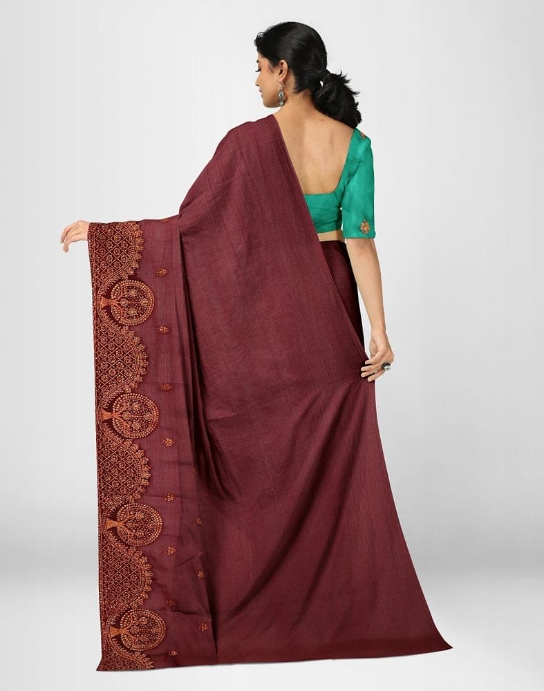 Maroon Floral Embroidery work Chiffon Saree