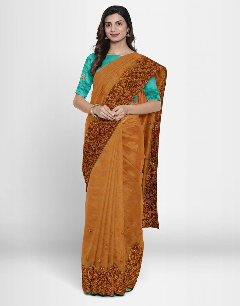 Mustard Floral Embroidery work Chiffon Saree