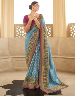 Collection of Sky Blue Geometric Print Dola Silk Saree in a gallery layout