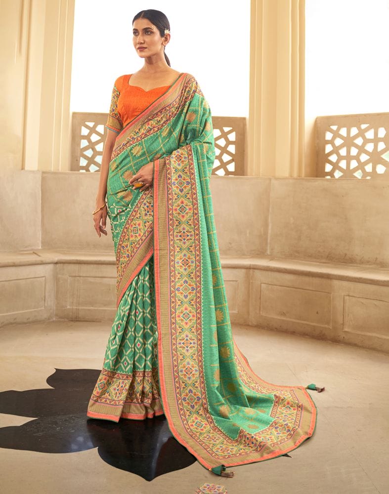 Collection of Green Floral Dola Silk Fabric Saree in a gallery layout