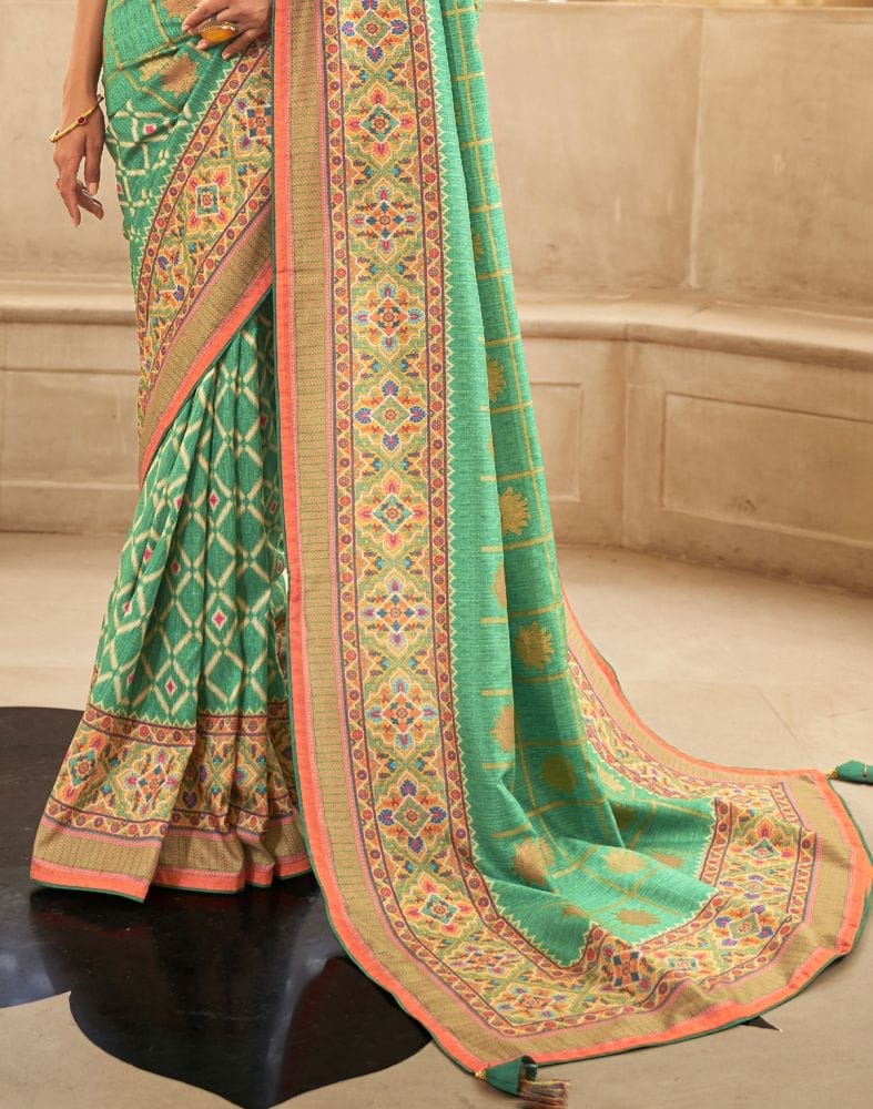 Collection of Green Floral Dola Silk Fabric Saree in a gallery layout