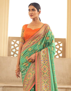 Collection of Green Floral Dola Silk Fabric Saree in a gallery layout