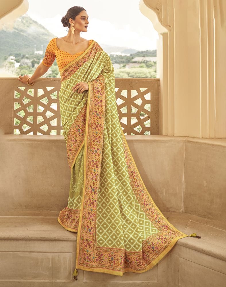 Collection of Mehendi Green Geometric Dola Silk Saree in a gallery layout