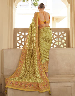 Collection of Mehendi Green Geometric Dola Silk Saree in a gallery layout