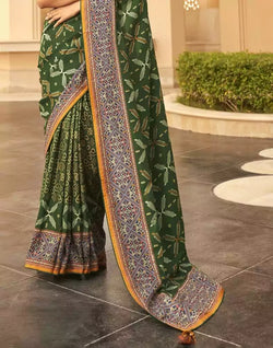 Collection of Dark Green Floral Print Dola Silk Saree in a gallery layout