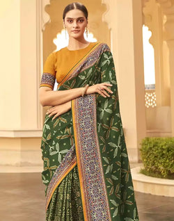 Collection of Dark Green Floral Print Dola Silk Saree in a gallery layout