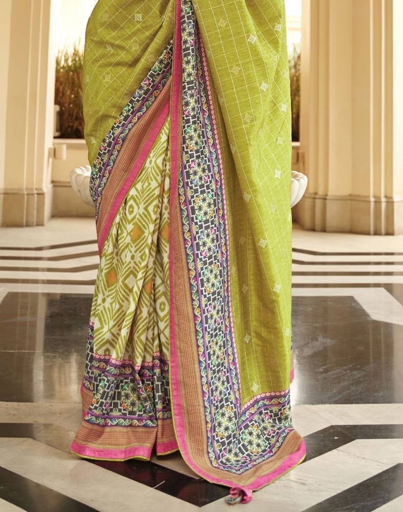 Light Green Checks Dola Silk Fabric Saree