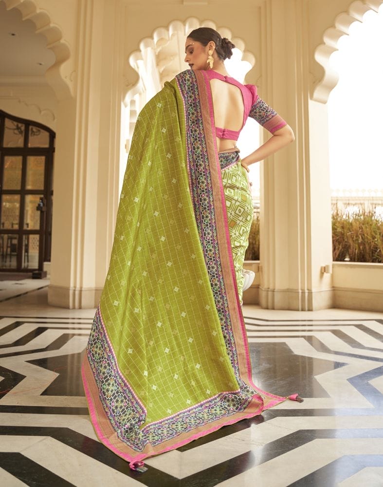 Light Green Checks Dola Silk Fabric Saree