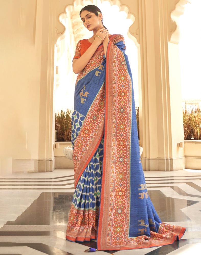 Blue Ikat Print Dola Silk Fabric Saree