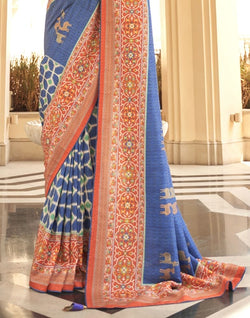 Collection of Blue Ikat Print Dola Silk Fabric Saree in a gallery layout