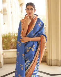 Collection of Blue Ikat Print Dola Silk Fabric Saree in a gallery layout