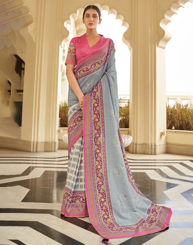 Collection of Light Grey Floral Print Dola Silk Saree in a gallery layout