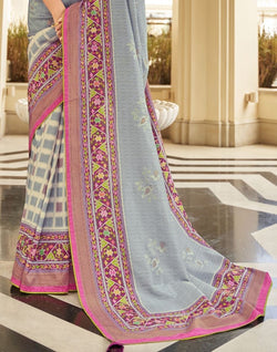 Collection of Light Grey Floral Print Dola Silk Saree in a gallery layout