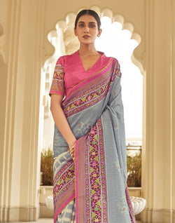 Collection of Light Grey Floral Print Dola Silk Saree in a gallery layout