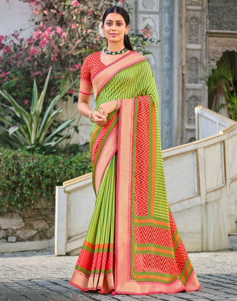 Collection of Parrot Green Stripes Pattern Brasso Fabric Saree in a gallery layout