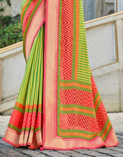 Collection of Parrot Green Stripes Pattern Brasso Fabric Saree in a gallery layout