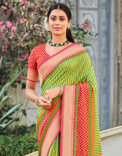 Collection of Parrot Green Stripes Pattern Brasso Fabric Saree in a gallery layout