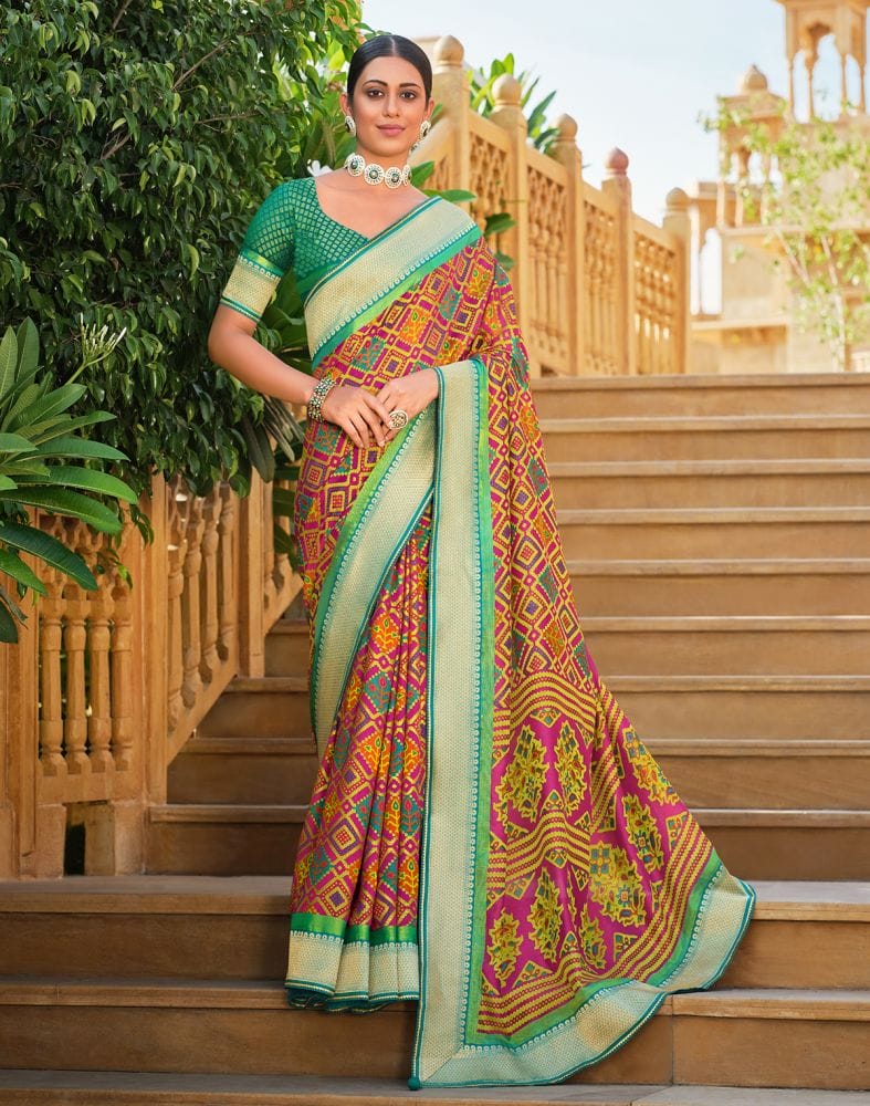 Collection of Stylish Multi Color Geometric Print Brasso Saree in a gallery layout