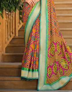 Collection of Stylish Multi Color Geometric Print Brasso Saree in a gallery layout