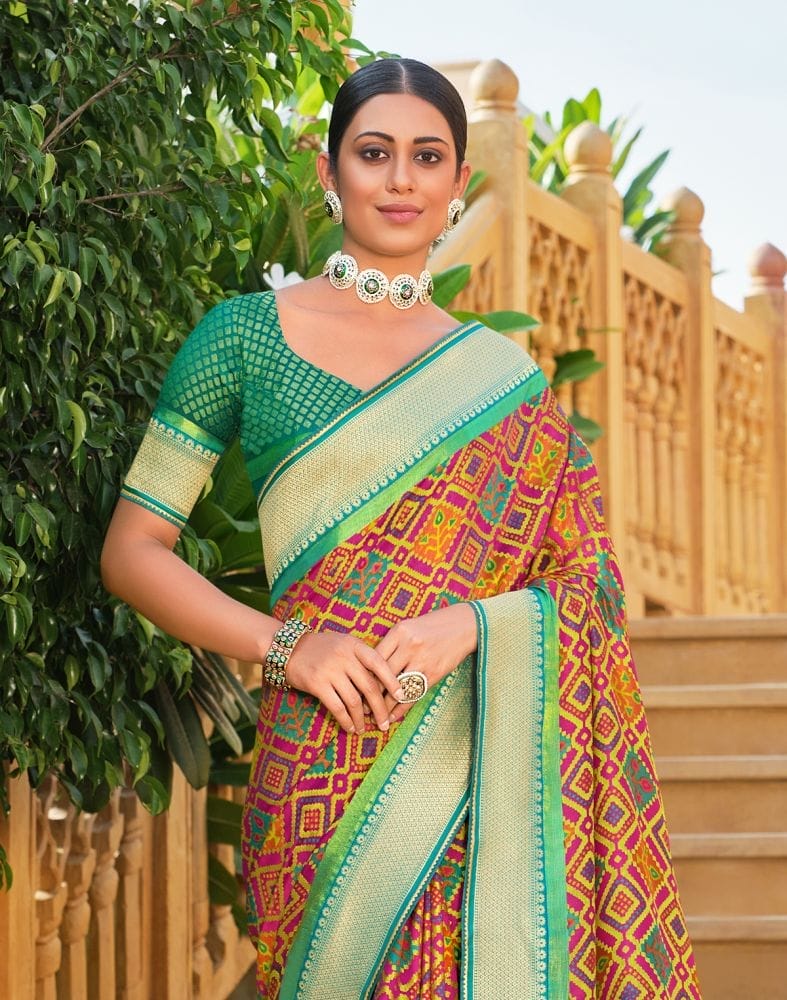 Collection of Stylish Multi Color Geometric Print Brasso Saree in a gallery layout