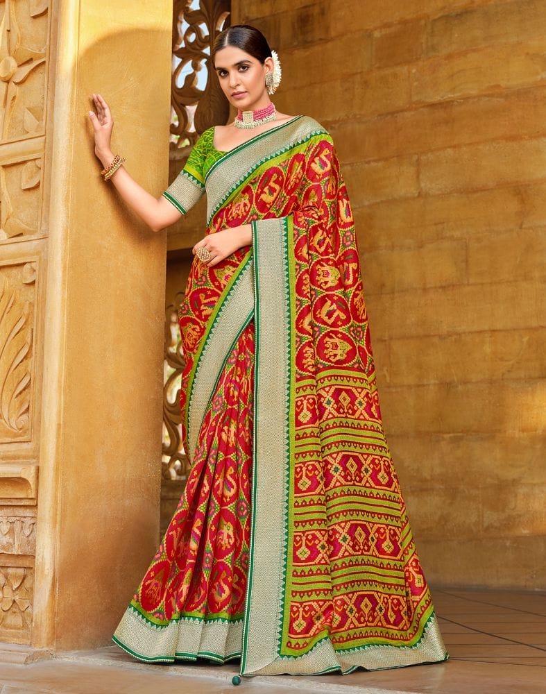 Cherry Red Ikat Print Brasso Saree