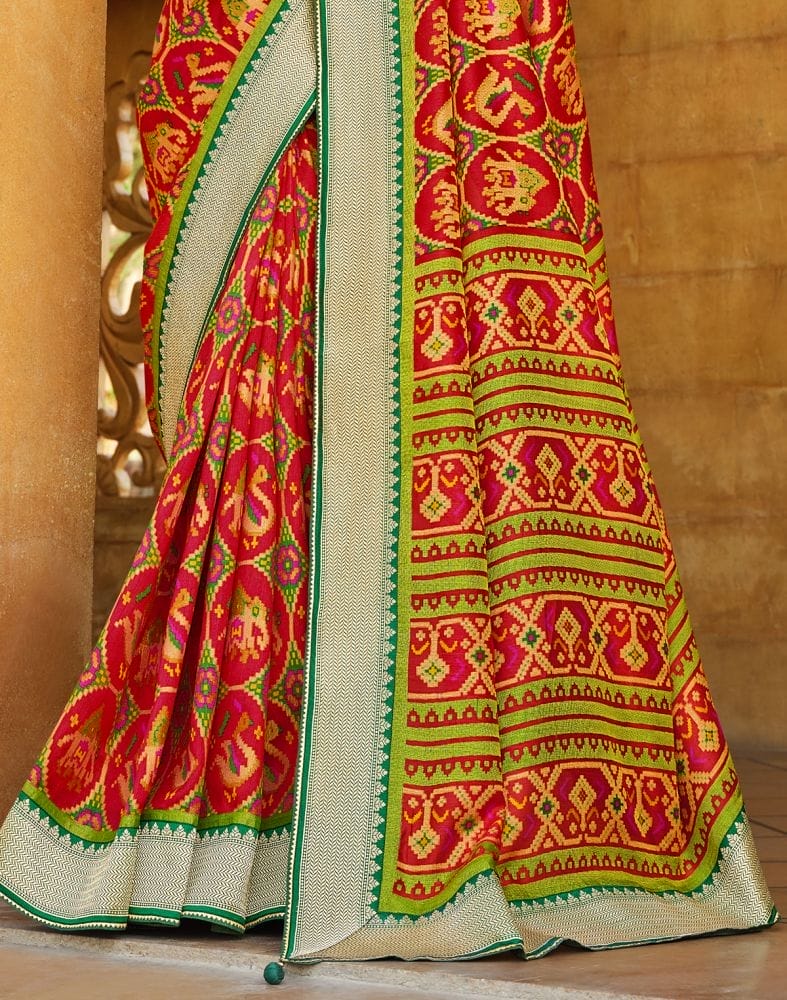 Cherry Red Ikat Print Brasso Saree