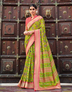 Collection of Parrot Green Brasso Fancy Saree in a gallery layout