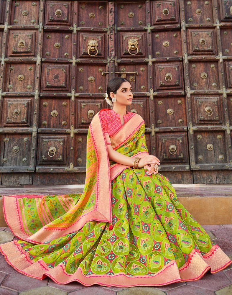 Parrot Green Brasso Fancy Saree