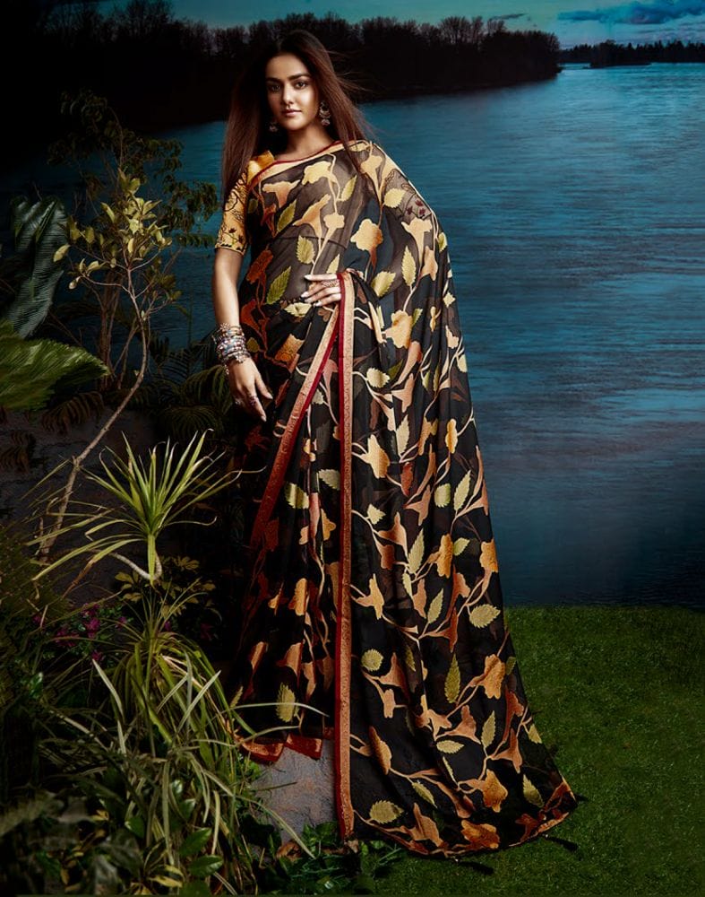 Collection of Black Botanical Print Chiffon Saree in a gallery layout