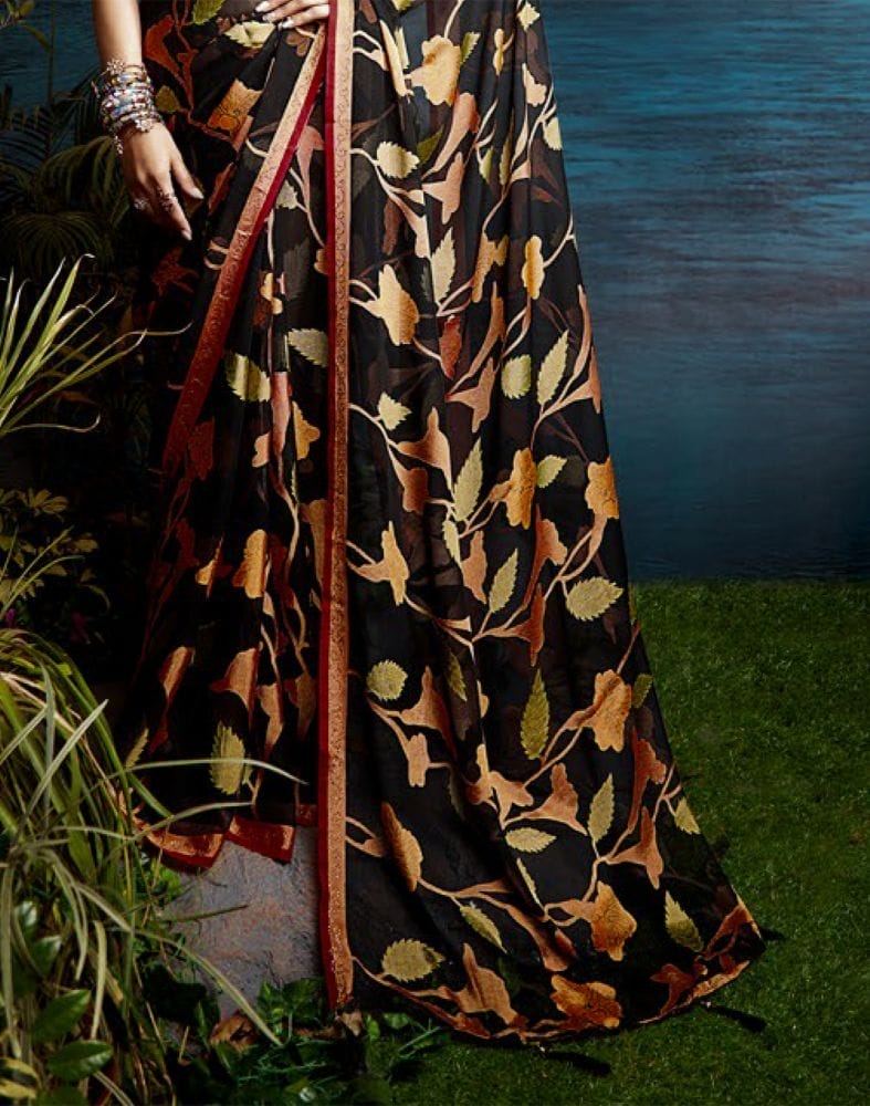 Collection of Black Botanical Print Chiffon Saree in a gallery layout