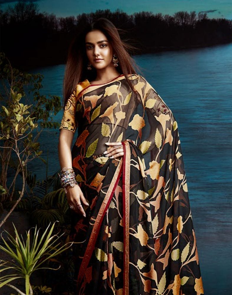 Collection of Black Botanical Print Chiffon Saree in a gallery layout