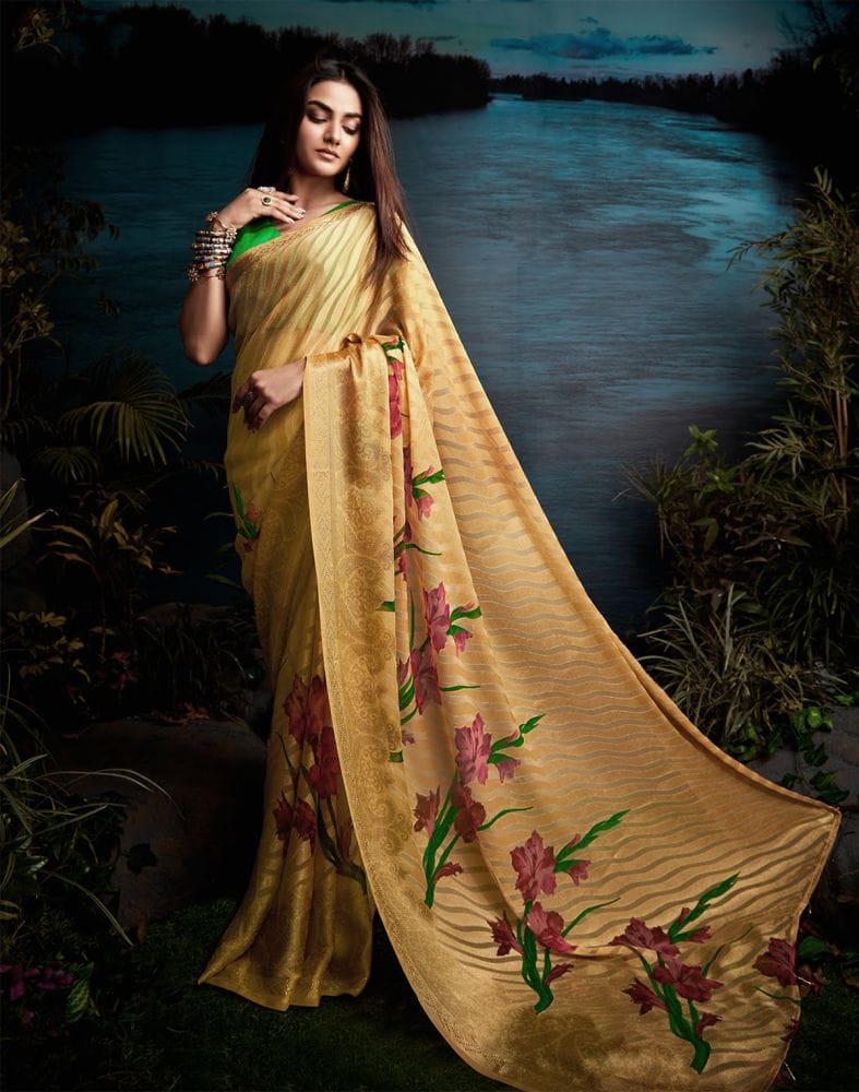 Collection of Beige Striped Print Chiffon Saree in a gallery layout