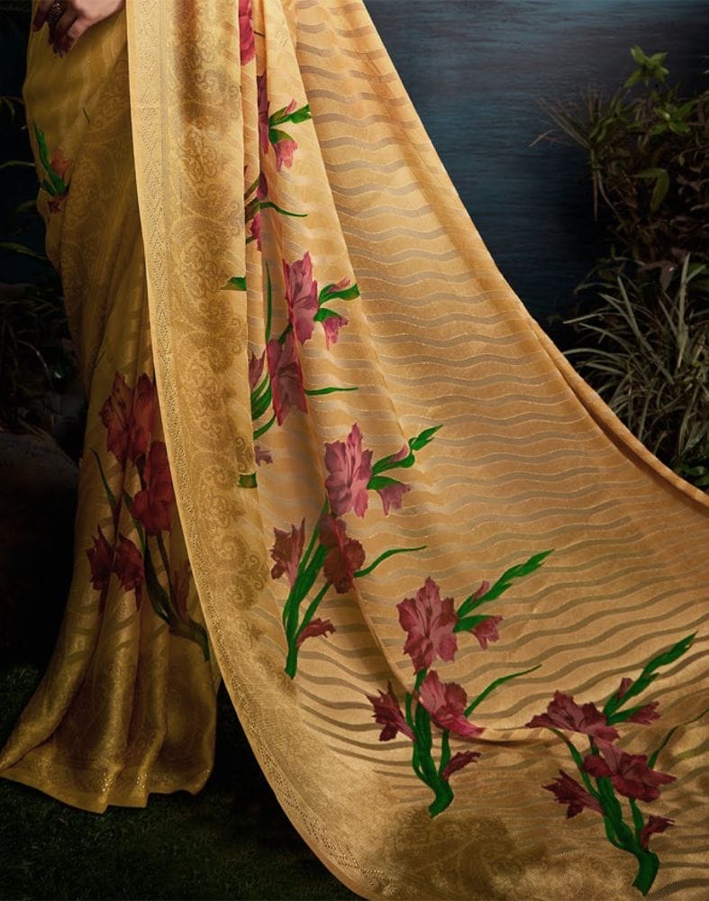 Collection of Beige Striped Print Chiffon Saree in a gallery layout