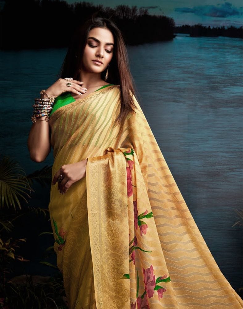 Collection of Beige Striped Print Chiffon Saree in a gallery layout