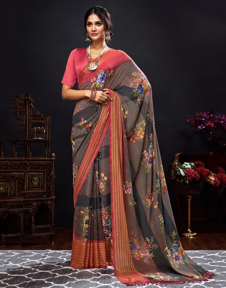 Collection of Grey Floral Print Chiffon Fabric Saree in a gallery layout