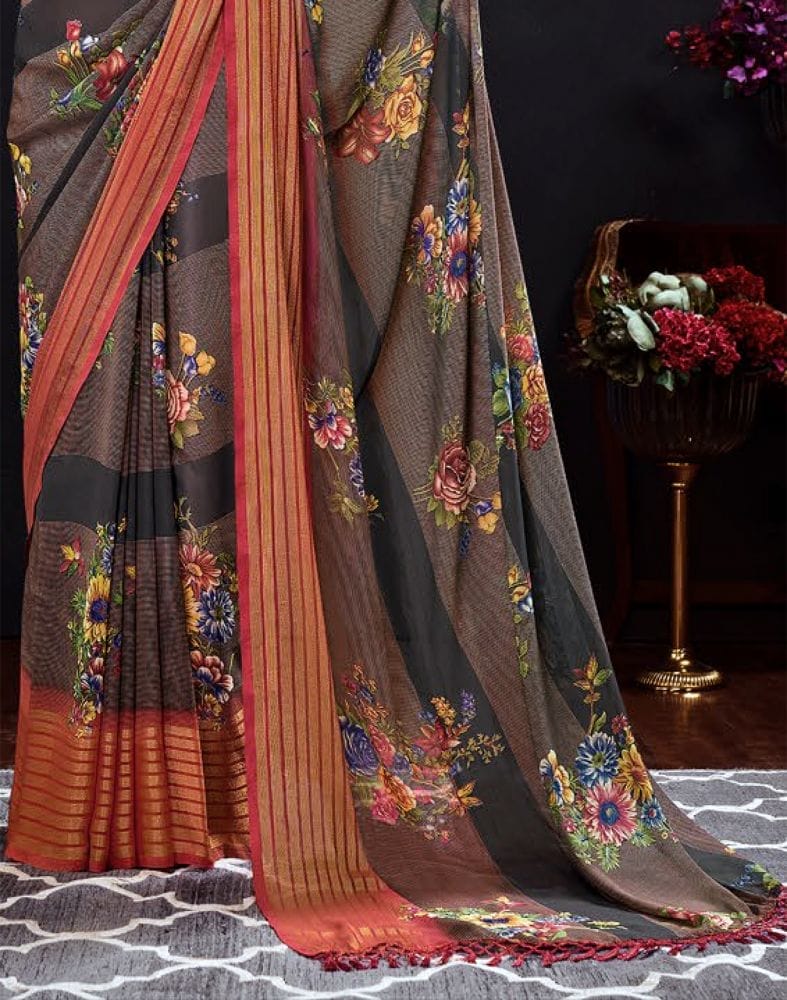 Collection of Grey Floral Print Chiffon Fabric Saree in a gallery layout