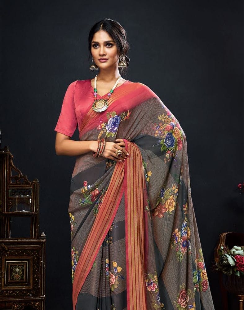 Collection of Grey Floral Print Chiffon Fabric Saree in a gallery layout