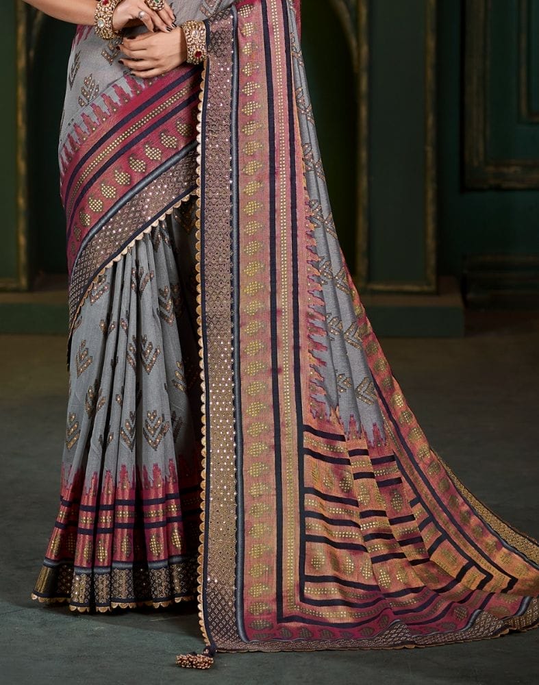 Grey Botanical Print Patola Saree