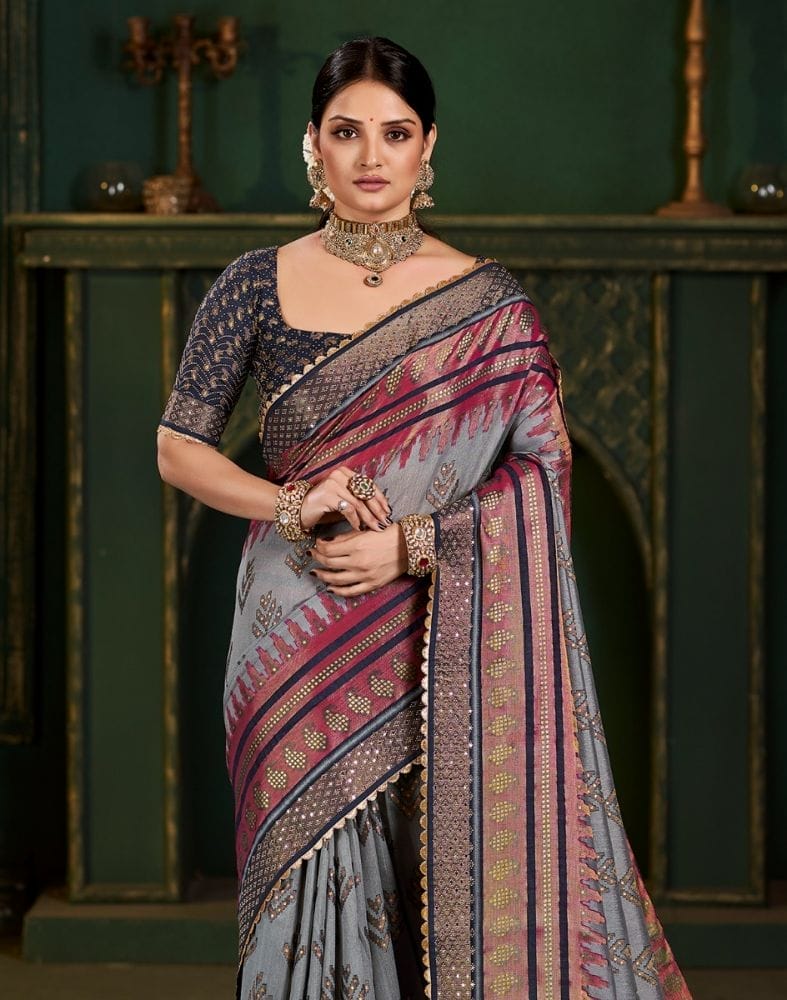 Collection of Grey Botanical Print Patola Saree in a gallery layout