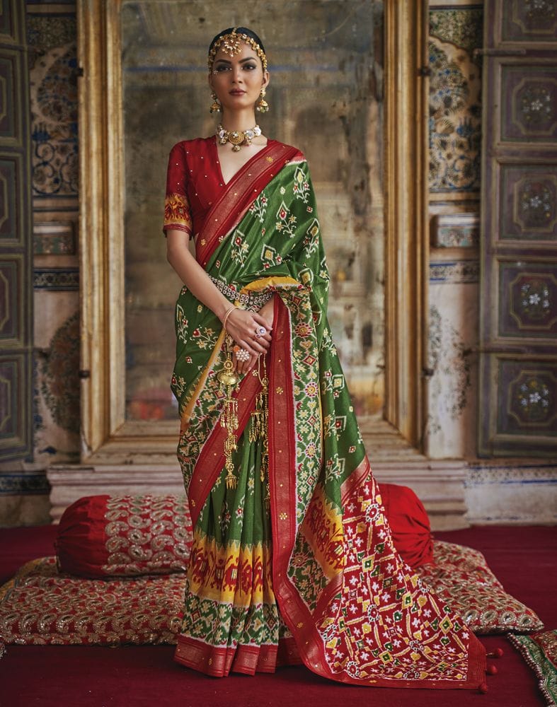 Gorgeous Green Ikat Print Dola Silk Saree