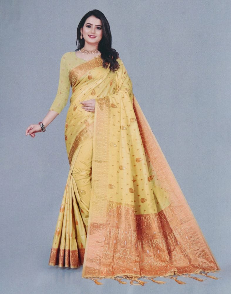 Collection of Mustard Botanical Copper Zari Semi-Jute Saree in a gallery layout