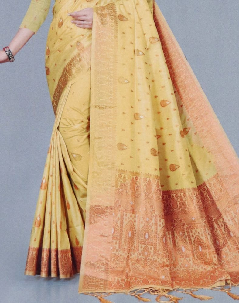 Mustard Botanical Copper Zari Semi-Jute Saree